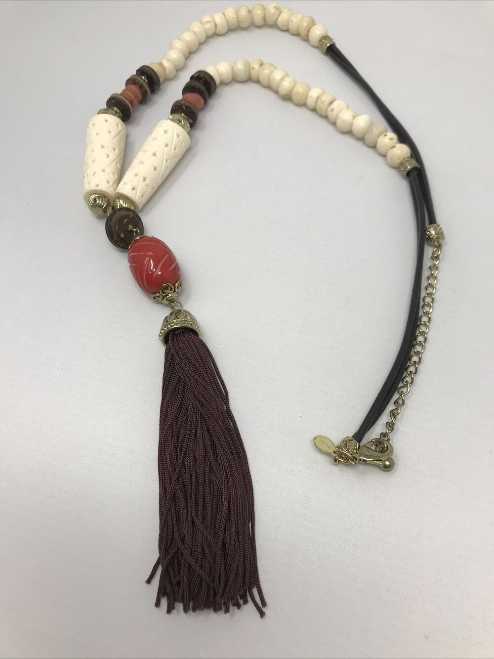 CHICO'S Necklace Statement Brown Tassel Faux Ivory Southwest Tribal Style Long